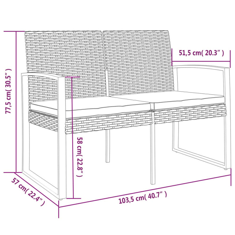 vidaXL 2-Seater Garden Bench with Cushions Brown PP Rattan