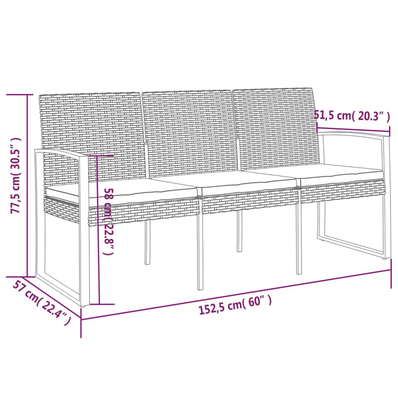 vidaXL 3-Seater Garden Bench with Cushions Brown PP Rattan