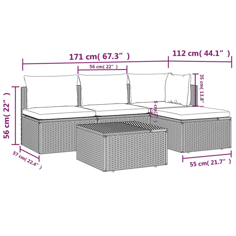 vidaXL 5 Piece Garden Lounge Set with Cushions Grey Poly Rattan