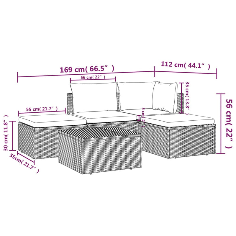 vidaXL 5 Piece Garden Lounge Set with Cushions Grey Poly Rattan