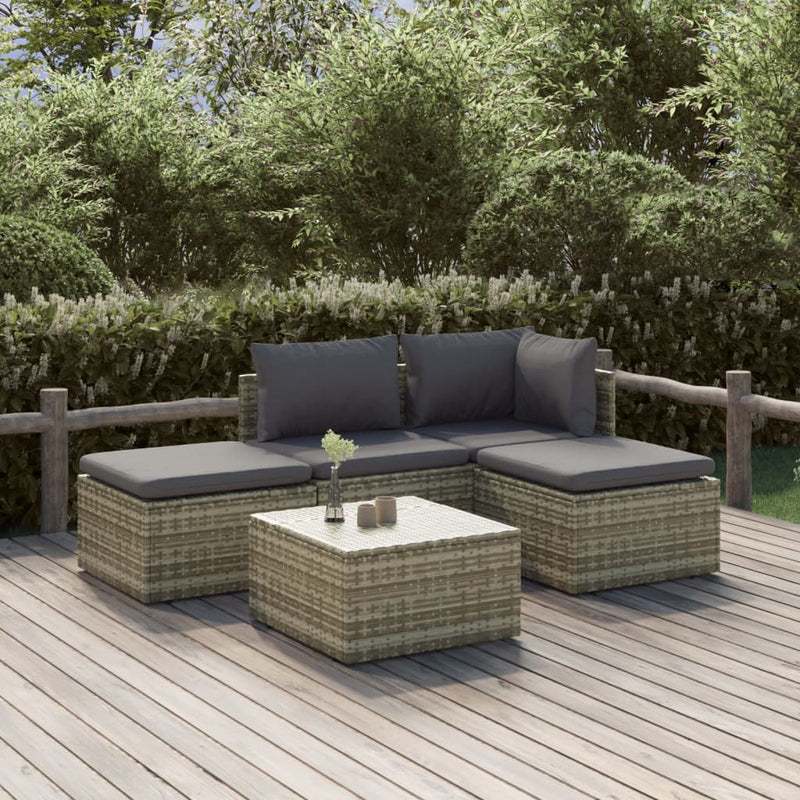 vidaXL 5 Piece Garden Lounge Set with Cushions Grey Poly Rattan