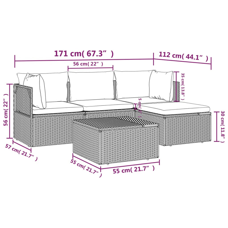 vidaXL 5 Piece Garden Lounge Set with Cushions Grey Poly Rattan