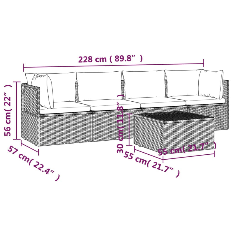 vidaXL 5 Piece Garden Lounge Set with Cushions Grey Poly Rattan