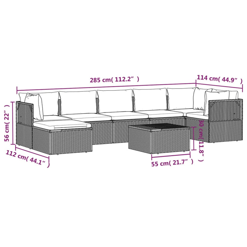 vidaXL 8 Piece Garden Lounge Set with Cushions Grey Poly Rattan