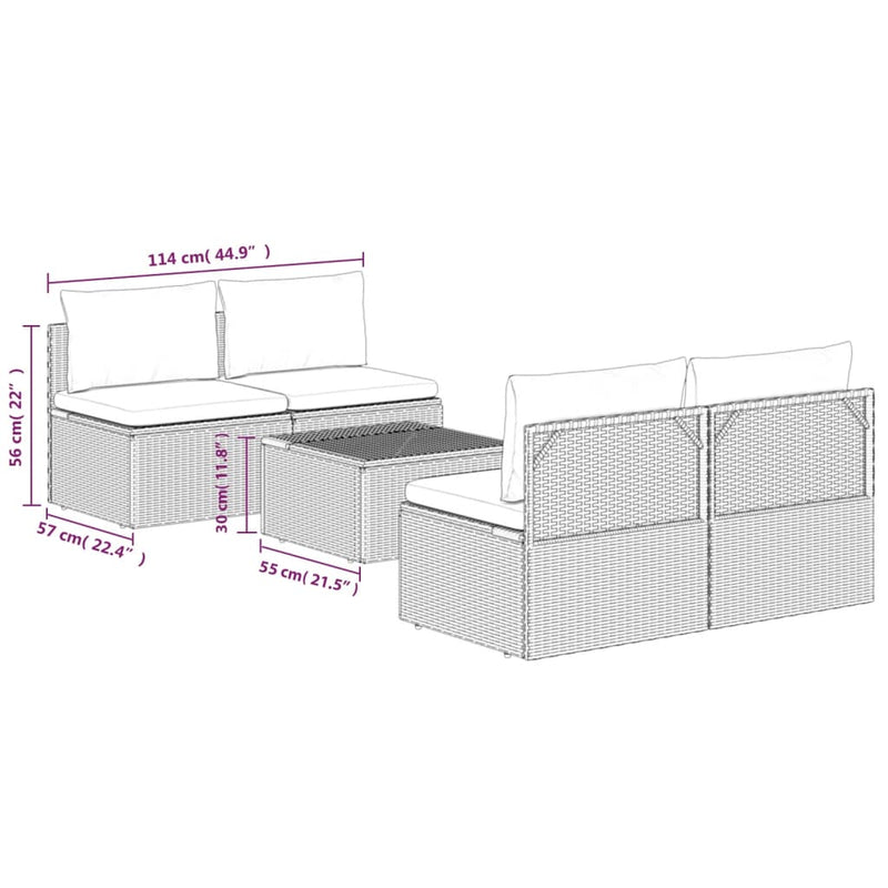 vidaXL 5 Piece Garden Lounge Set with Cushions Grey Poly Rattan