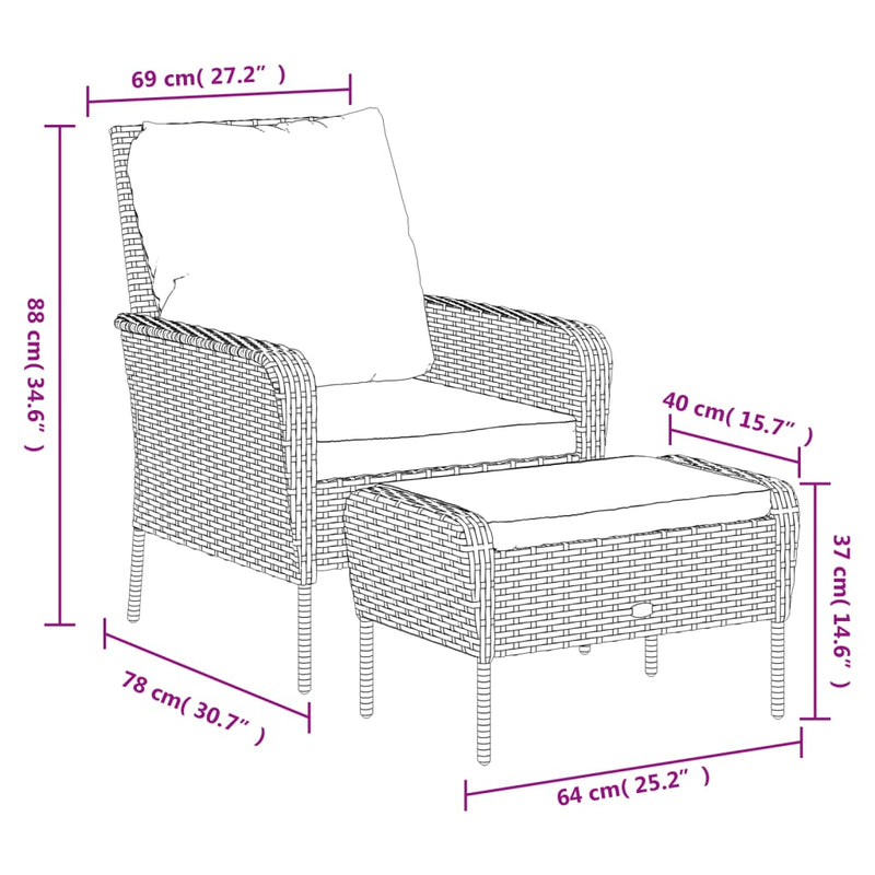 vidaXL Garden Chair with Footstool Black Poly Rattan