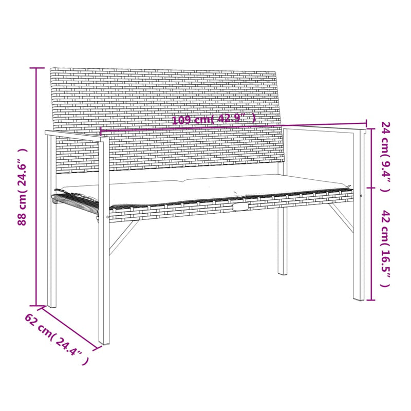 vidaXL 2-Seater Garden Bench with Cushion Grey Poly Rattan