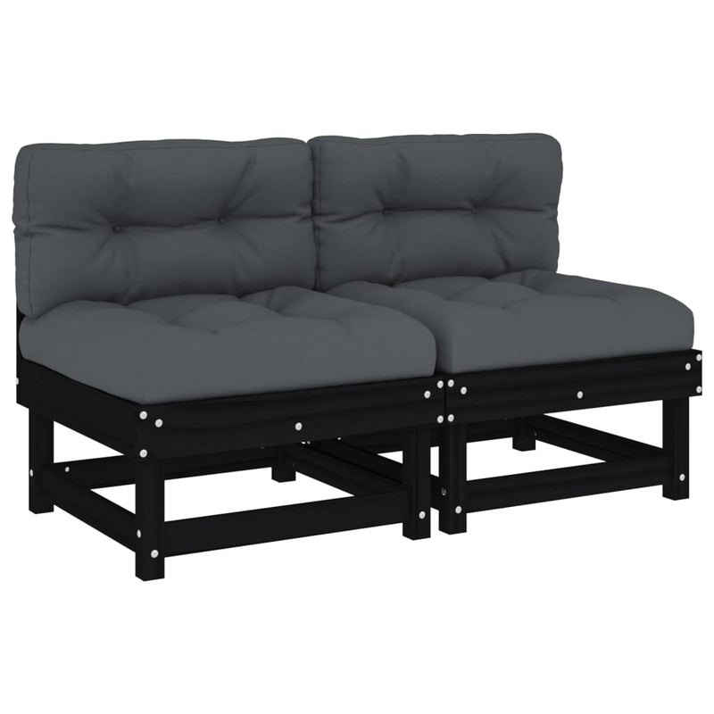 vidaXL Middle Sofas with Cushions 2 pcs Black Solid Wood Pine