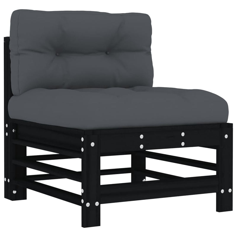 vidaXL Middle Sofa with Cushions Black Solid Wood Pine