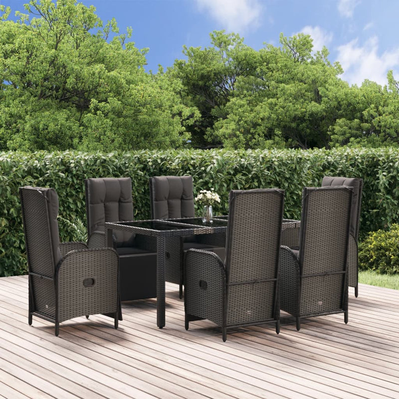 vidaXL 7 Piece Garden Dining Set with Cushions Black and Grey Poly Rattan
