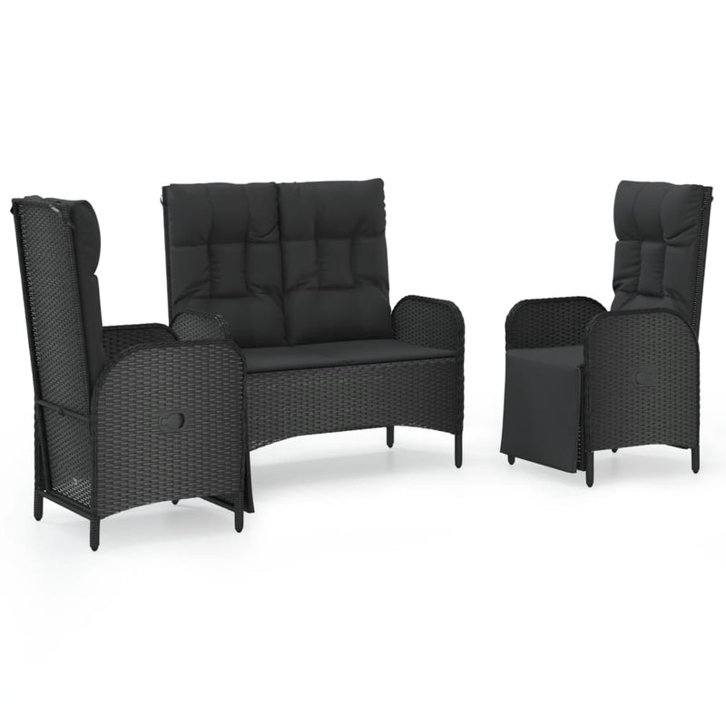 vidaXL 3 Piece Garden Dining Set with Cushions Black Poly Rattan