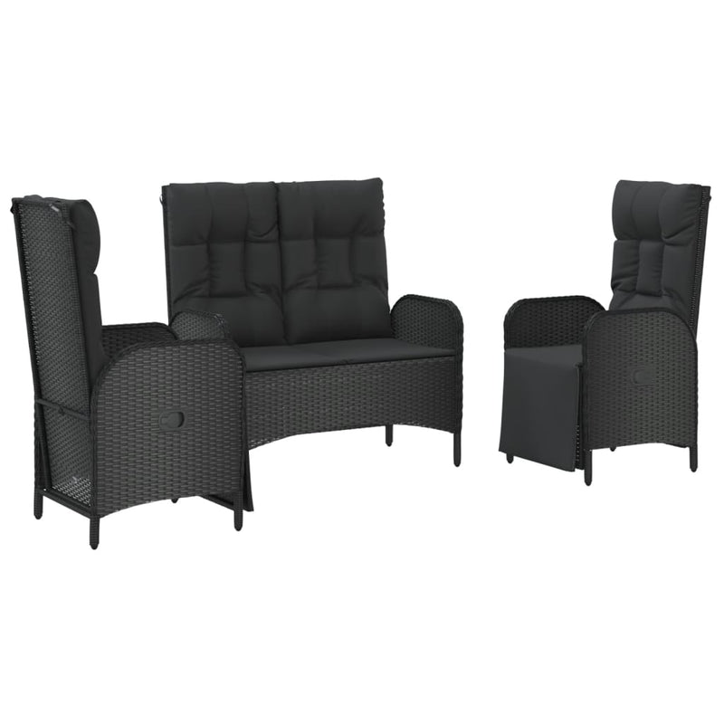 vidaXL 3 Piece Garden Dining Set with Cushions Black Poly Rattan