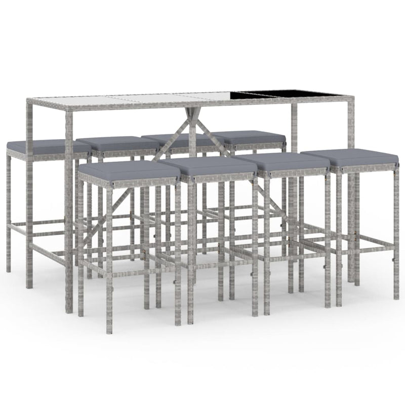 vidaXL 9 Piece Garden Bar Set with Cushions Grey Poly Rattan