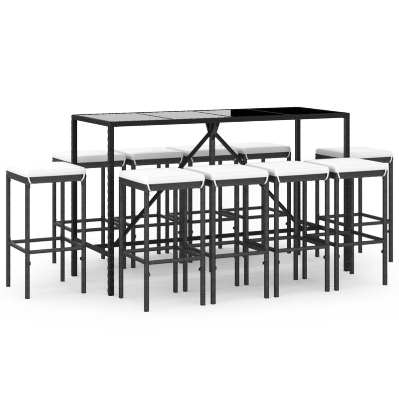 vidaXL 11 Piece Garden Bar Set with Cushions Black Poly Rattan