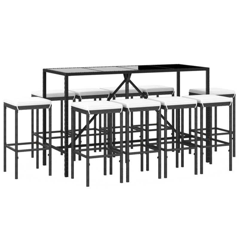 vidaXL 11 Piece Garden Bar Set with Cushions Black Poly Rattan