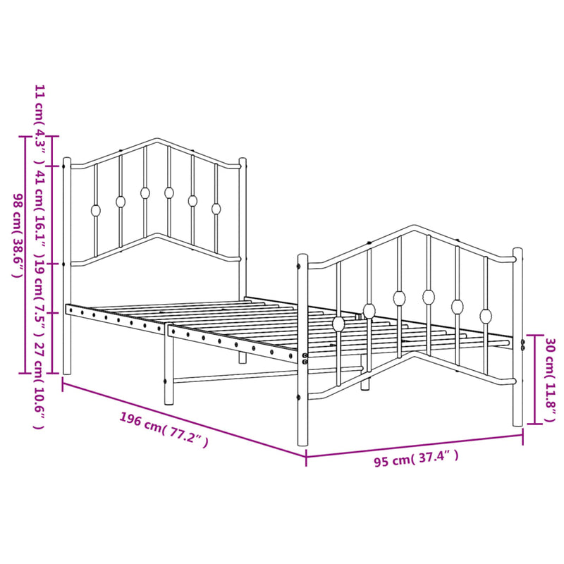 vidaXL Metal Bed Frame without Mattress with Footboard Black 90x190 cm