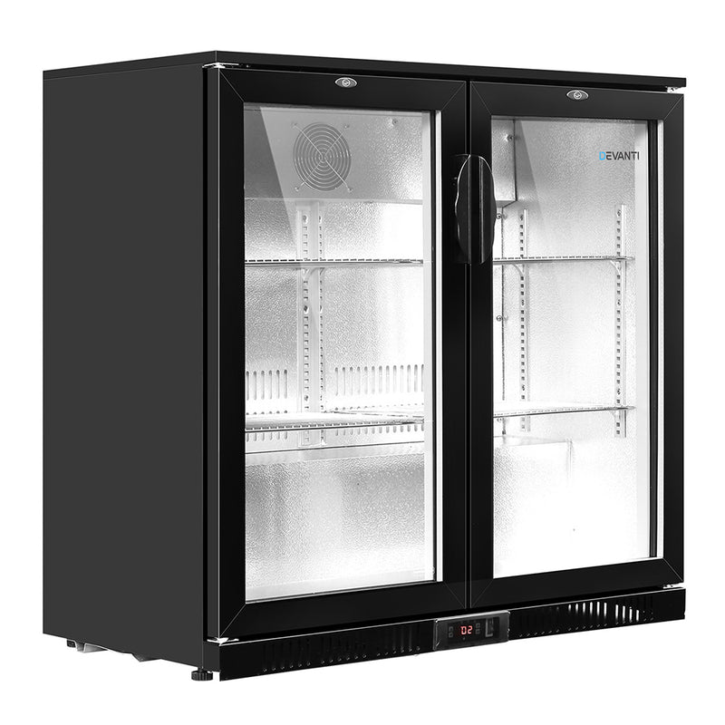 Devanti 198L Bar Fridge Dual Glass Door w/Light Black