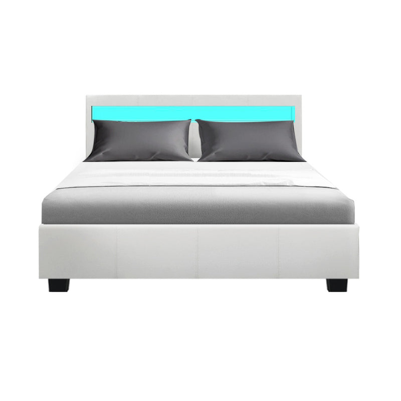 Artiss Bed Frame Double Size LED Gas Lift White COLE