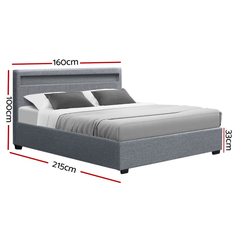 Artiss Bed Frame Queen Size LED Gas Lift Grey COLE