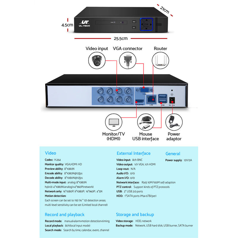 UL-tech CCTV Camera Security System Home 8CH DVR 1080P IP Day Night 4 Dome Cameras Kit