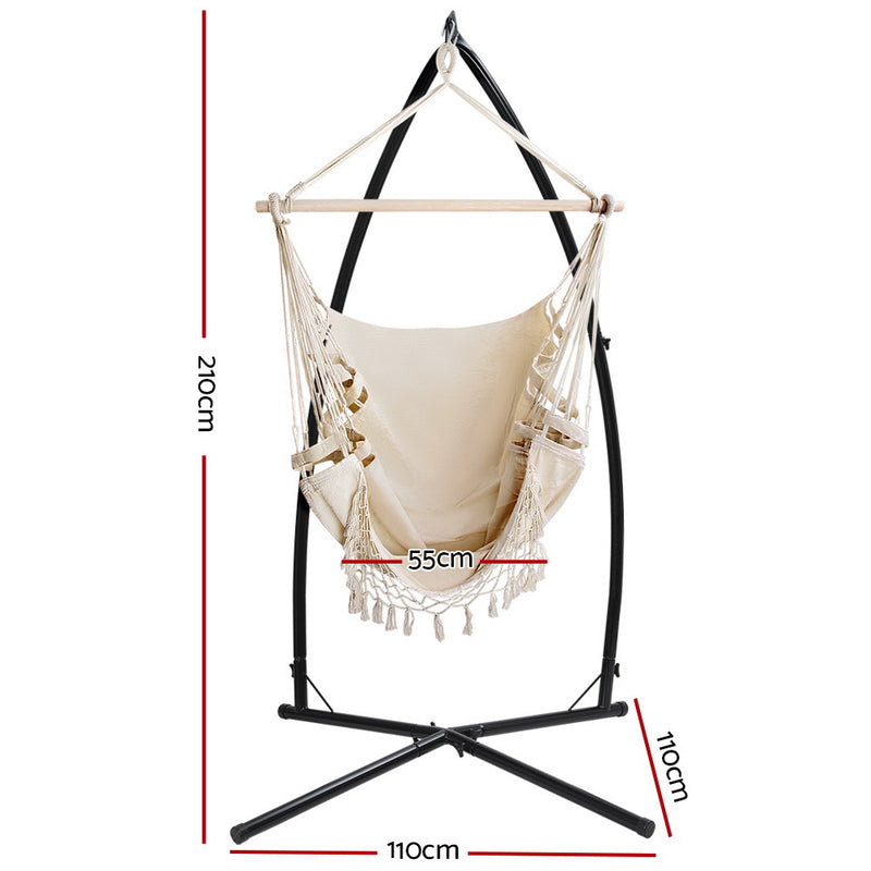 Gardeon Outdoor Hammock Chair with Steel Stand Tassel Hanging Rope Hammock Cream