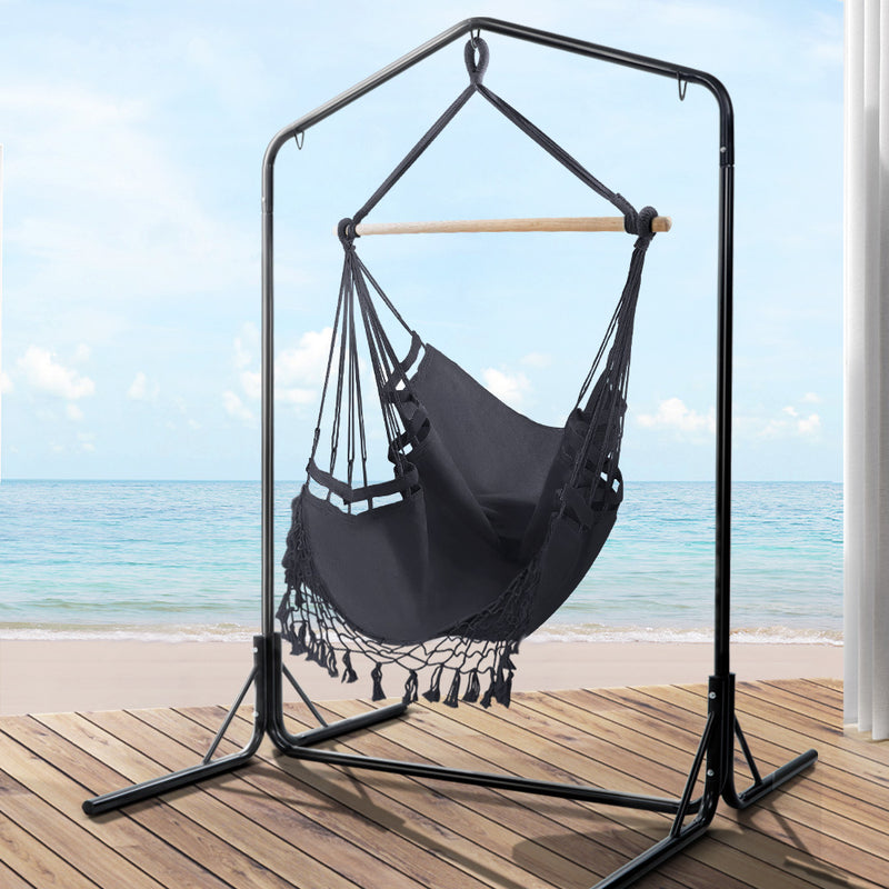 Gardeon Outdoor Hammock Chair with Stand Tassel Hanging Rope Hammocks Grey