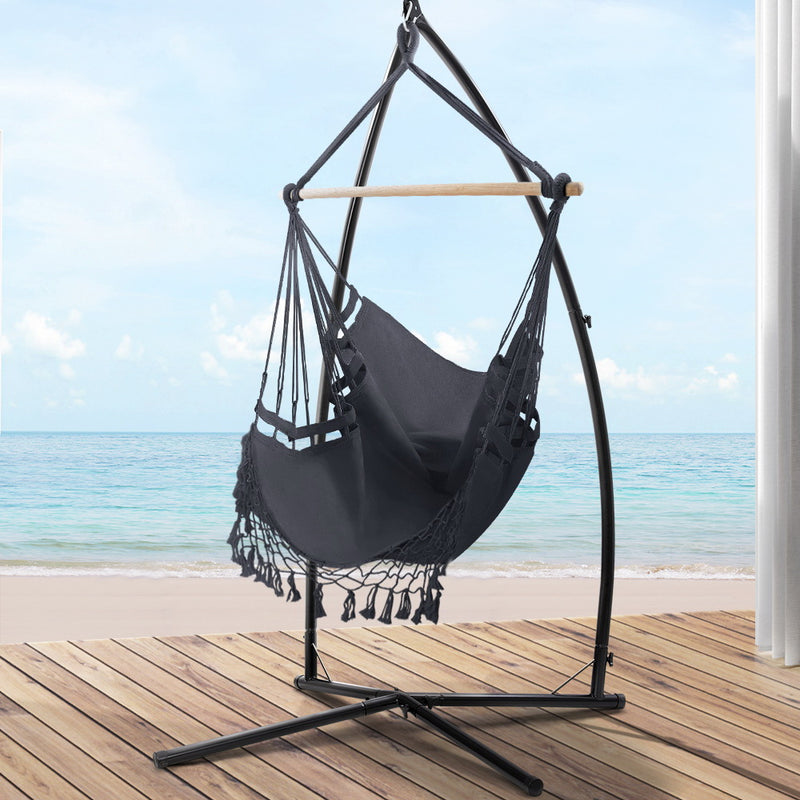 Gardeon Outdoor Hammock Chair with Steel Stand Tassel Hanging Rope Hammock Grey