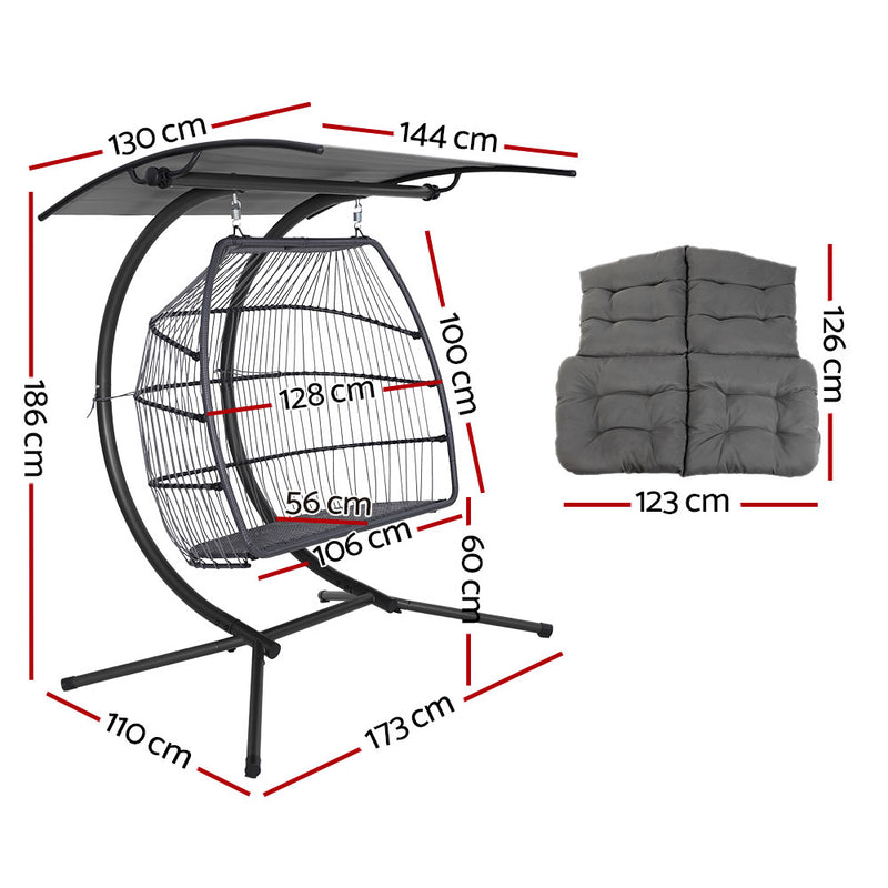 Gardeon Outdoor Egg Swing Chair Wicker Furniture Pod Stand Canopy 2 Seater Grey