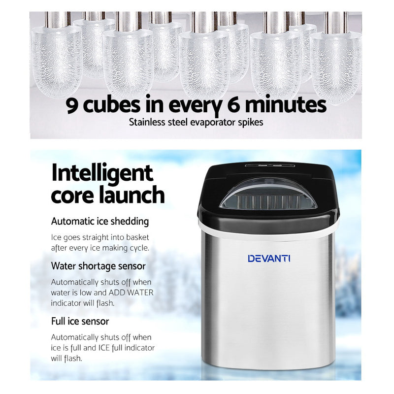 Devanti 2.4L Stainless Steel Portable Ice Cube Maker