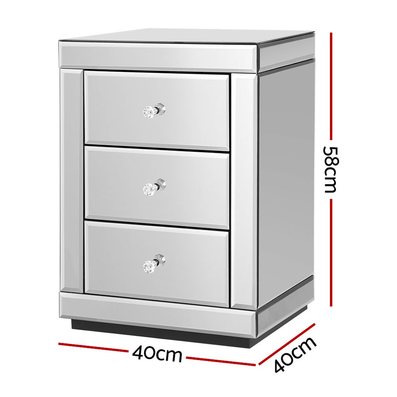 Artiss Bedside Table 3 Drawers Mirrored X2 - PRESIA Silver