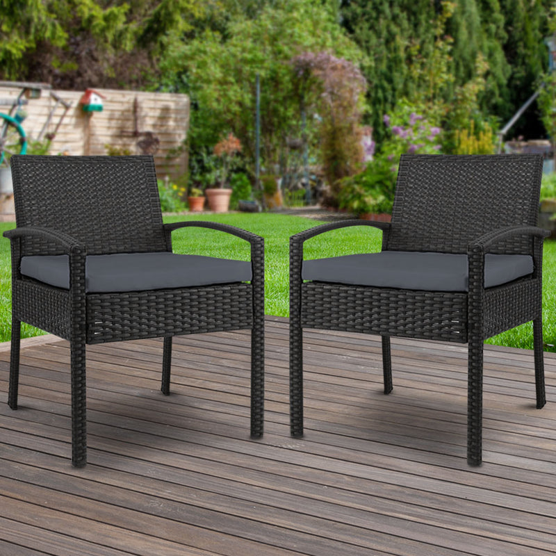 Set of 2 Outdoor Dining Chairs Wicker Chair Patio Garden Furniture Lounge Setting Bistro Set Cafe Cushion Gardeon Black