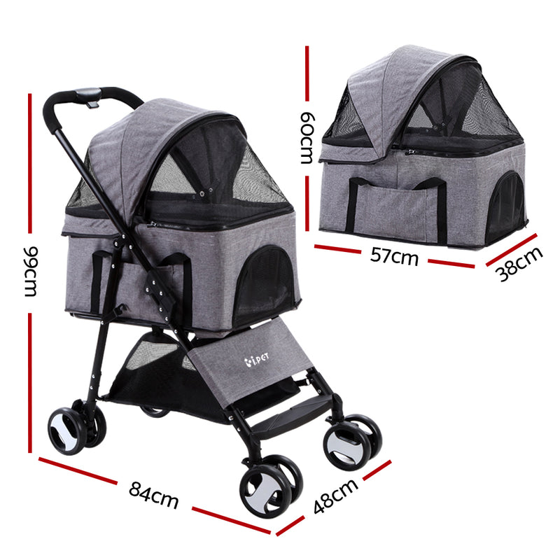 i.Pet Pet Stroller Dog Pram Cat Carrier Travel Large Pushchair Foldable 4 Wheels Grey