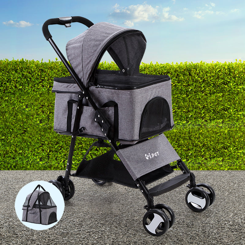 i.Pet Pet Stroller Dog Pram Cat Carrier Travel Large Pushchair Foldable 4 Wheels Grey