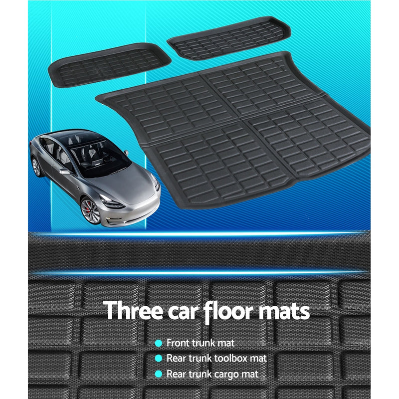 3PCS Car Rear Front Cargo Trunk Toolbox Luggage Rubber Mats for Tesla Model Y 2021-2023