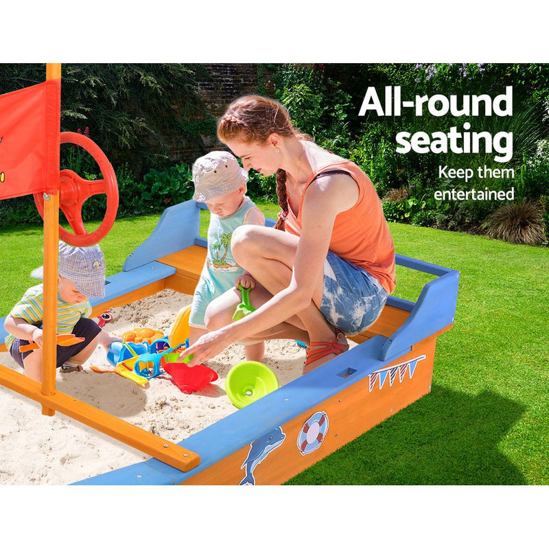 Keezi Kids Sandpit Wooden Boat Sand Pit with Canopy Bench Seat Beach Toys 150cm