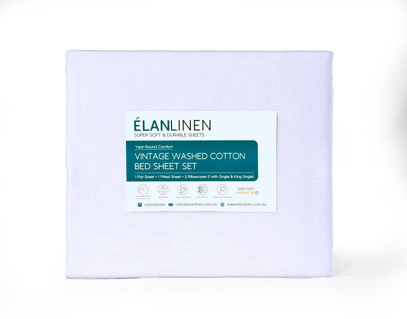 Elan Linen 100% Egyptian Cotton Vintage Washed 500TC White Queen Bed Sheets Set