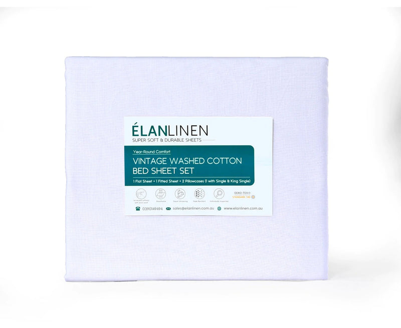 Elan Linen 100% Egyptian Cotton Vintage Washed 500TC White Single Bed Sheets Set