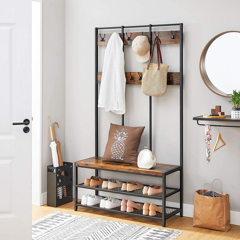 Large Coat Rack Stand with 12 Hooks and Shoe Bench Rustic Brown and Black