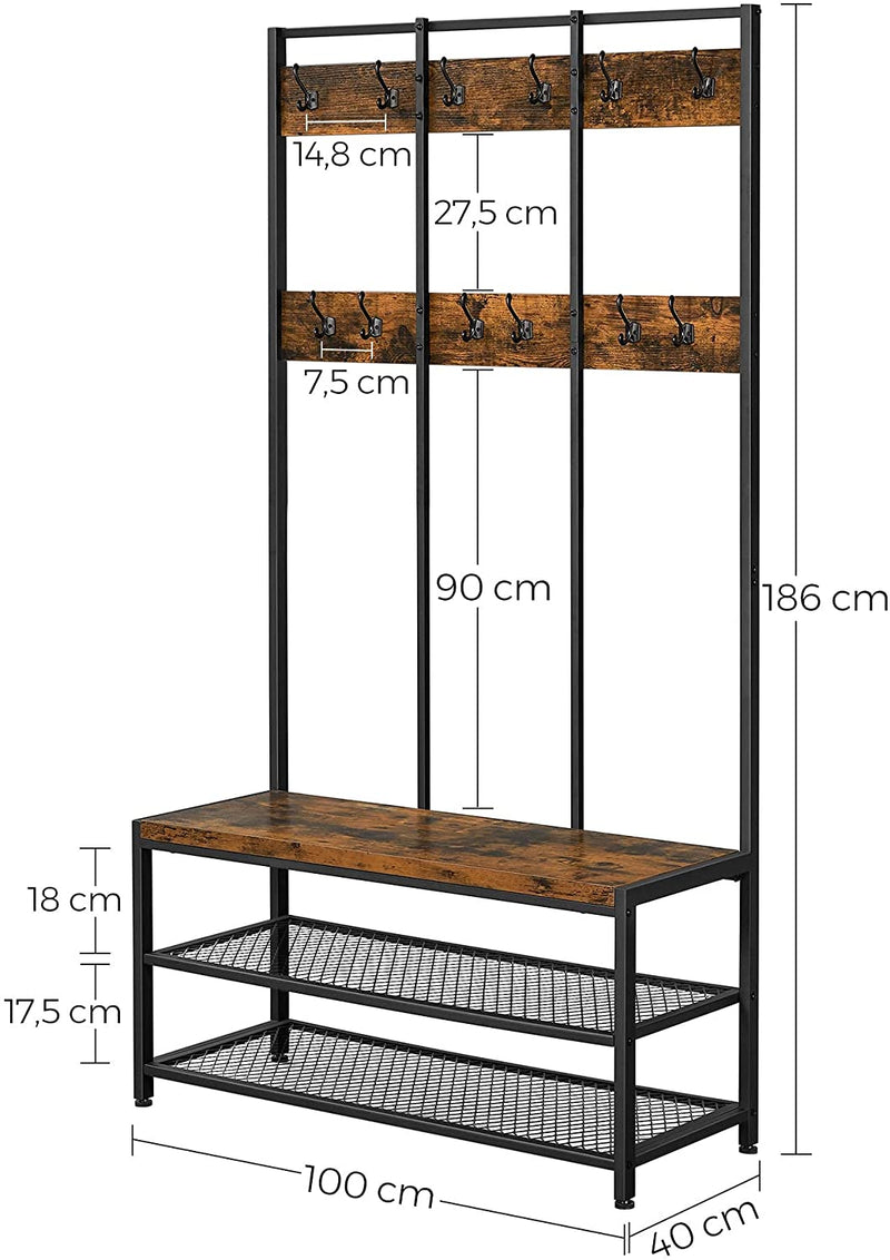 Large Coat Rack Stand with 12 Hooks and Shoe Bench Rustic Brown and Black