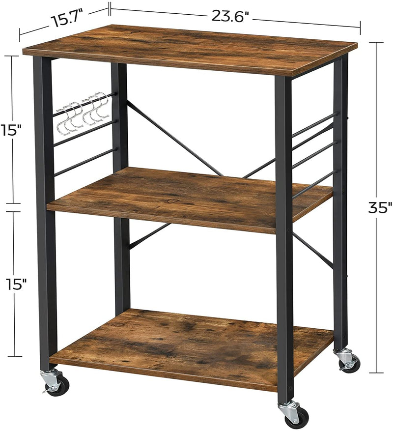 Kitchen Baker's Rack,  3-Tier Serving Cart with Metal Frame and 6 Hooks, Rustic Brown