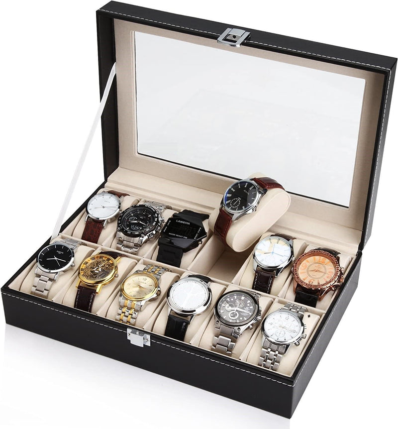 Black PU Leather Watch Organizer Display Storage Box Cases for Men & Women (12 slots)