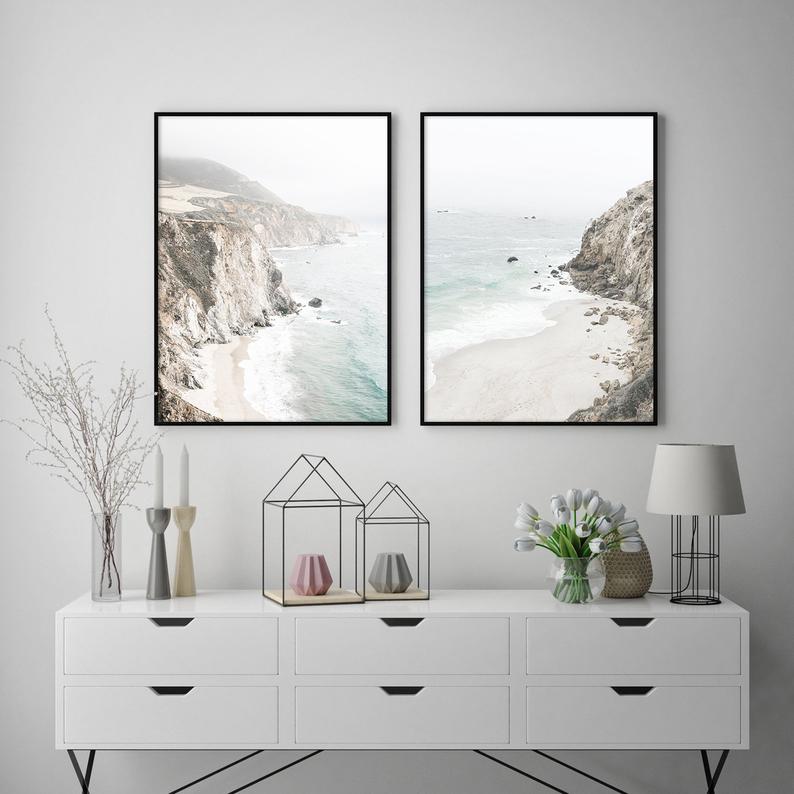 40cmx60cm Mountain Beach 2 Sets Black Frame Canvas Wall Art