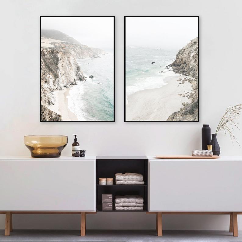 40cmx60cm Mountain Beach 2 Sets Black Frame Canvas Wall Art