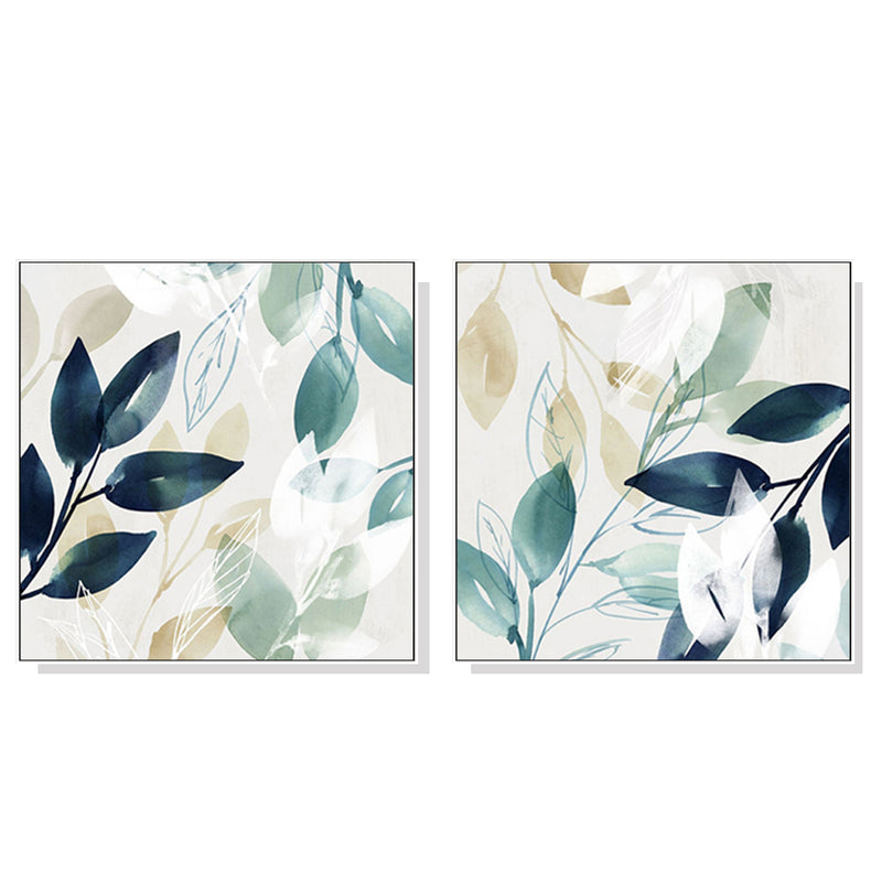 50cmx50cm Watercolour style leaves 2 Sets White Frame Canvas Wall Art