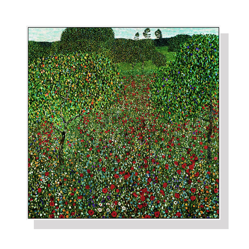 60cmx60cm Field of Poppies by Gustav Klimt White Frame Canvas Wall Art