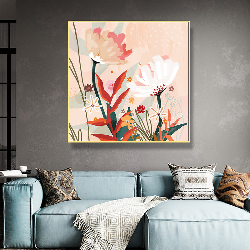 70cmx70cm Native Floral Gold Frame Canvas Wall Art