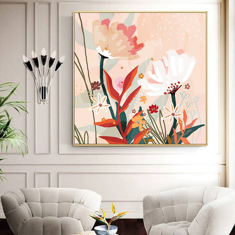 80cmx80cm Native Floral Gold Frame Canvas Wall Art