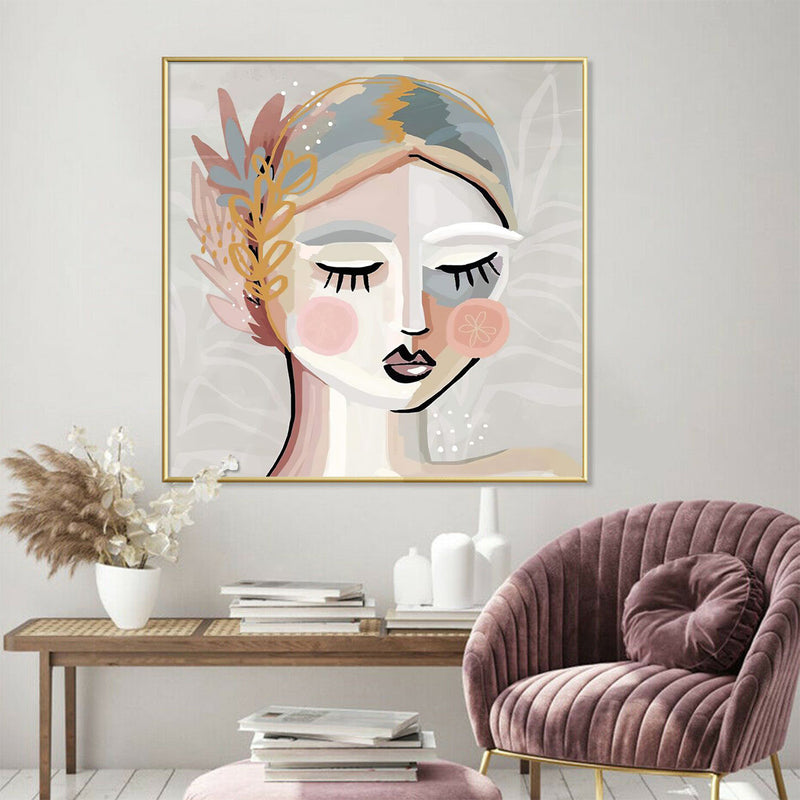 60cmx60cm Calm Girl Gold Frame Canvas Wall Art