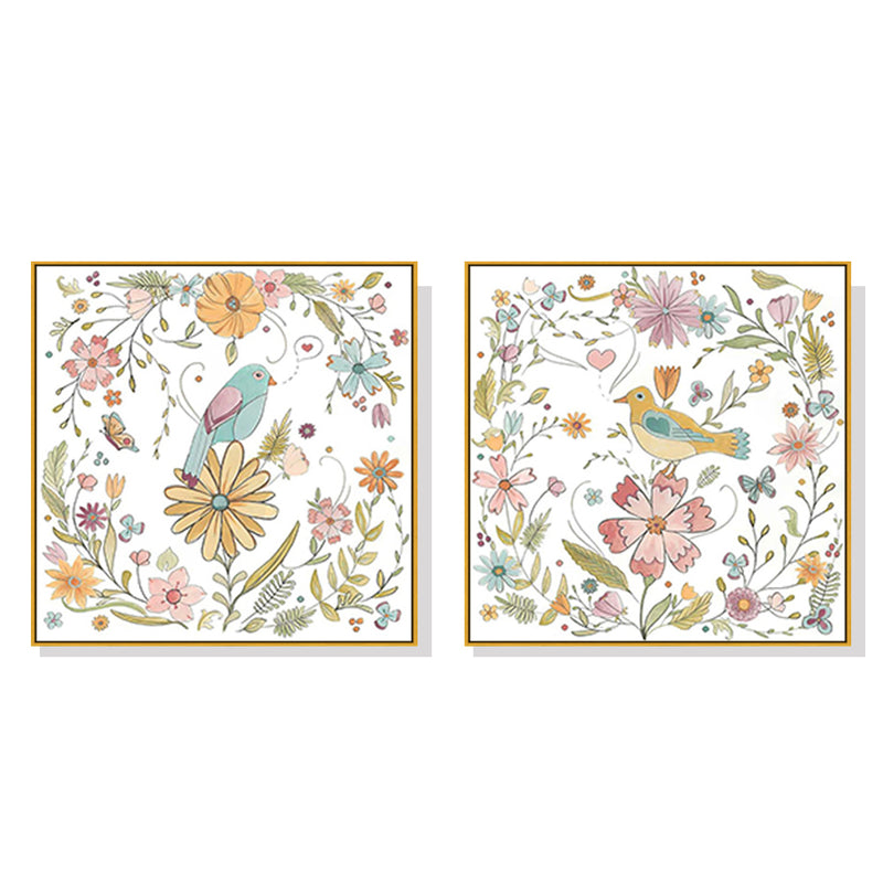 60cmx60cm Floral birds 2 Sets Gold Frame Canvas Wall Art