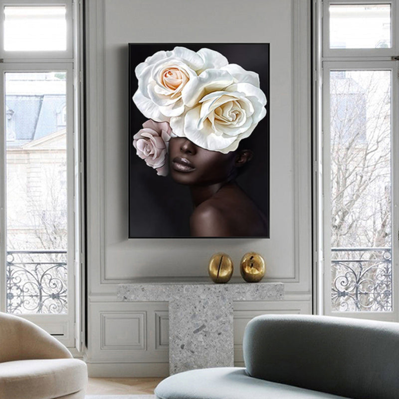 50cmx70cm Flower African Woman Black Frame Canvas Wall Art